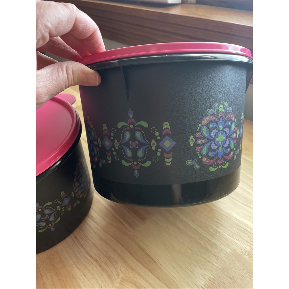 Tupperware Canister Set 2pc Black Pink Floral Medallion Round Storage Containers - Picture 4 of 9